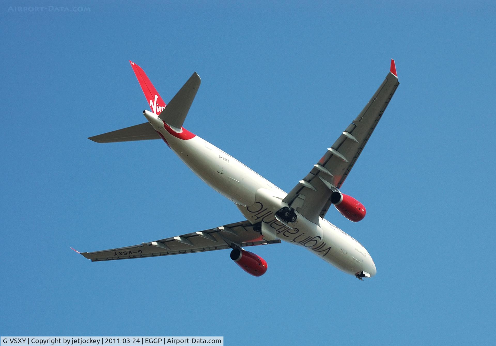 G-VSXY, 2010 Airbus A330-343X C/N 1195, Tucking gear up having just departed Liverpool John Lennon on a training Flight