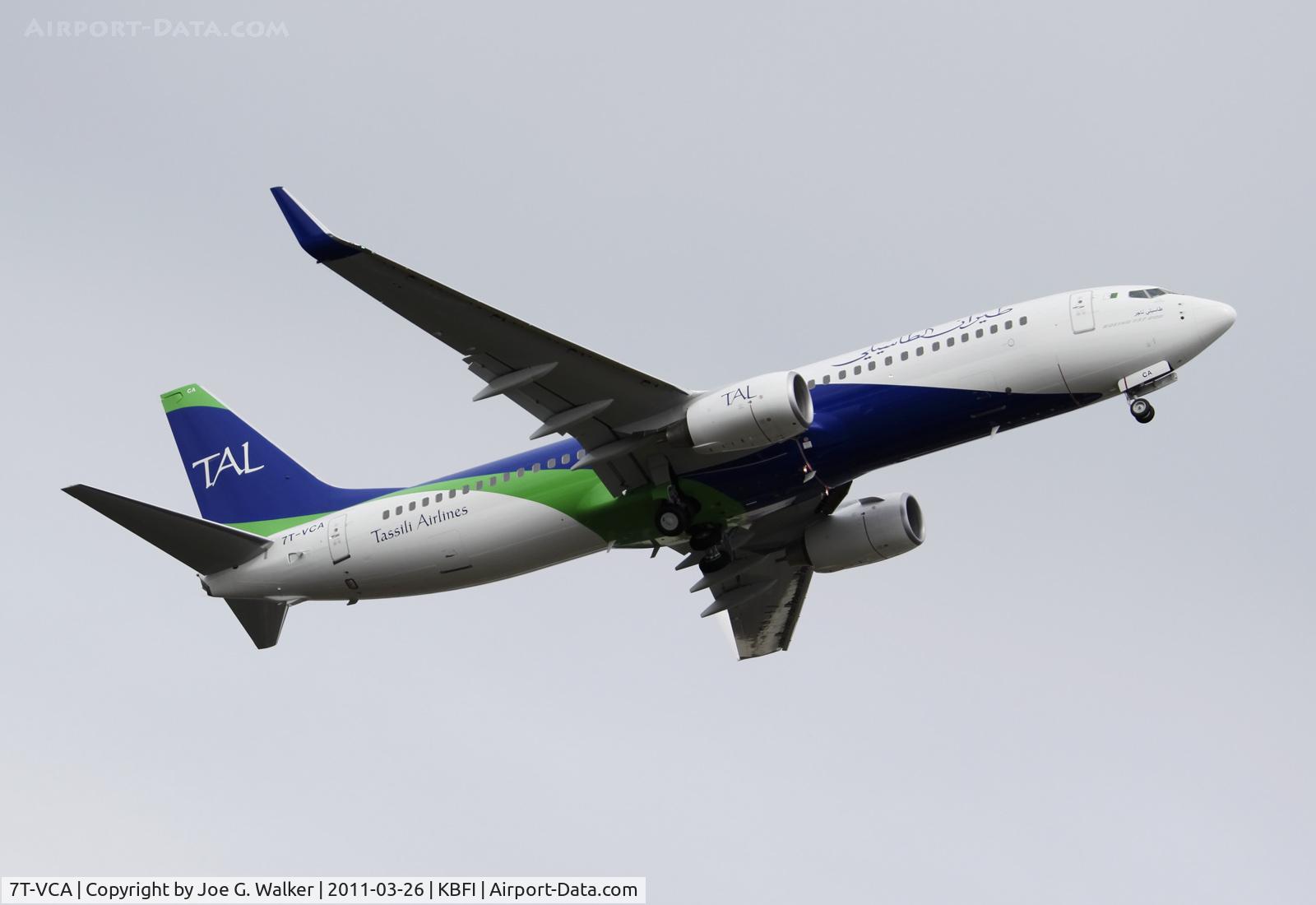 7T-VCA, 2011 Boeing 737-8ZQ C/N 40884, First jet and 737-800 for Tassili Air seen departing BFI on a pre-delivery test flight.