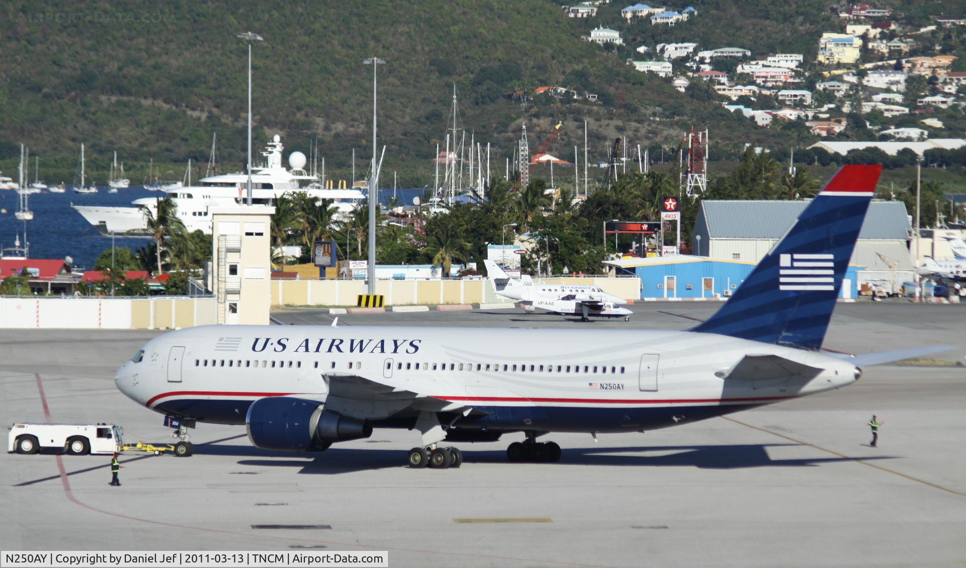 N250AY, 1988 Boeing 767-201 C/N 23902, Us airways N250AY being pushed back from the gates at TNCM