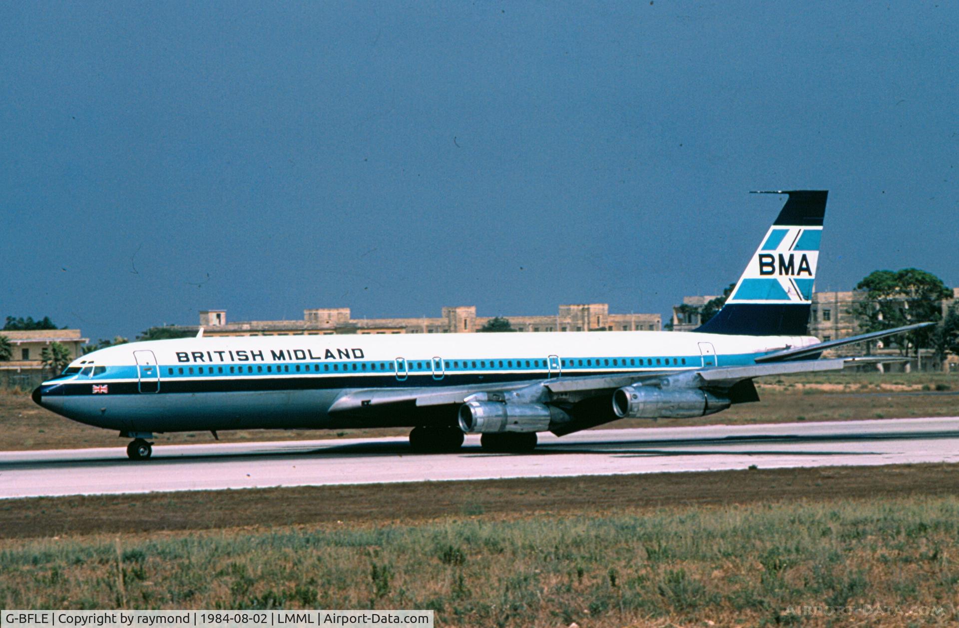 G-BFLE, 1966 Boeing 707-338C C/N 19293, B707 G-BFLE British Midlands Airways in summer of 1984.