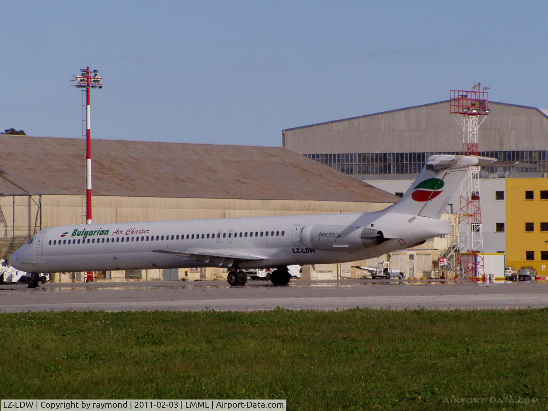 LZ-LDW, 1989 McDonnell Douglas MD-82 (DC-9-82) C/N 49795, MD82 LZ-LDW Bulgarian Air Charter waiting on Park2 at Malta International Airport on 3Feb11.