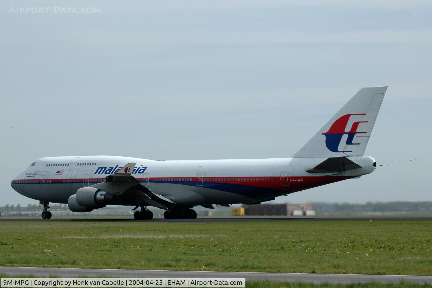 9M-MPG, 1994 Boeing 747-4H6 C/N 25703, Malaysia Airlines 747-400 rolling out at Schiphol airport.