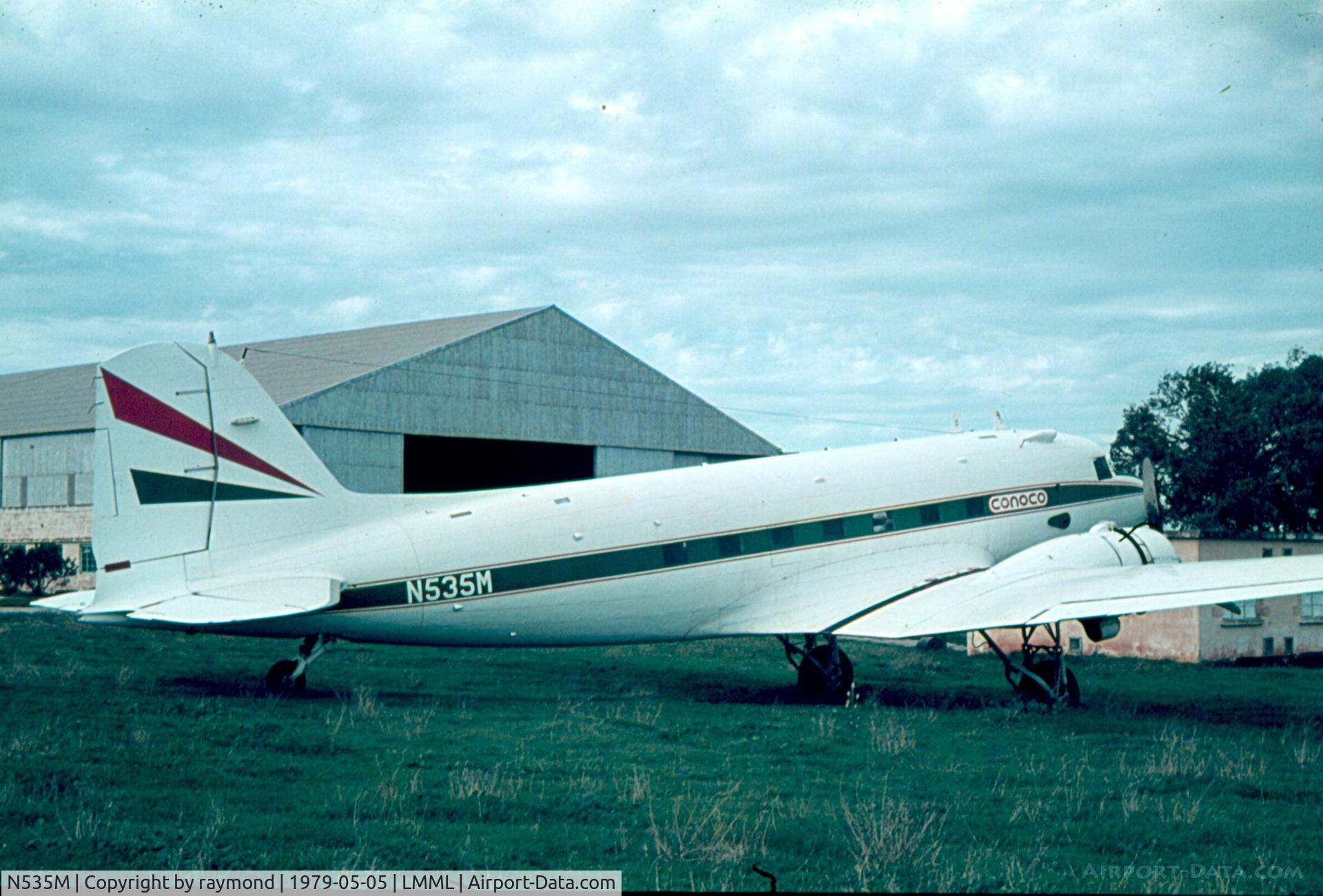 N535M, 1944 Douglas DC3C-S1C3G (C-47A) C/N 20558, DC3 N535M wit Conoco (Oil) Company livery seen here at Miaco site on 5May79. The aircraft operated from Malta for some time.
