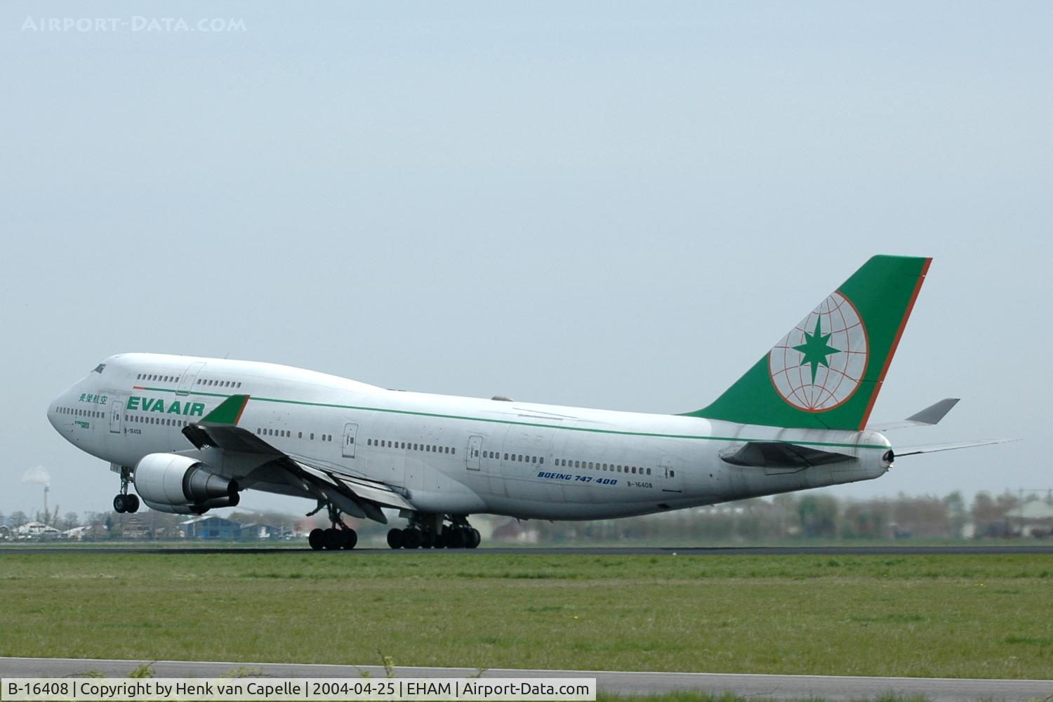 B-16408, Boeing 747-45E (M) C/N 28092, EVA Air 747-400 taking off from Schiphol airport.