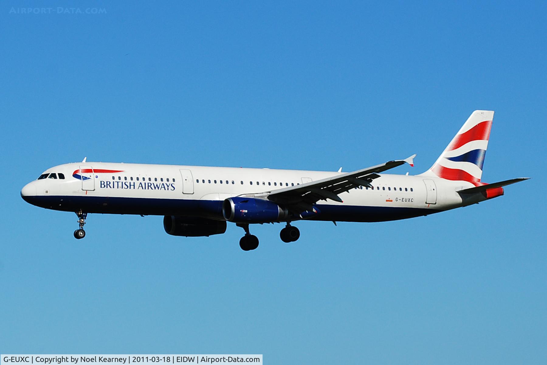 G-EUXC, 2004 Airbus A321-231 C/N 2305, Landing Rwy 28, is this infrequent visitor from London.