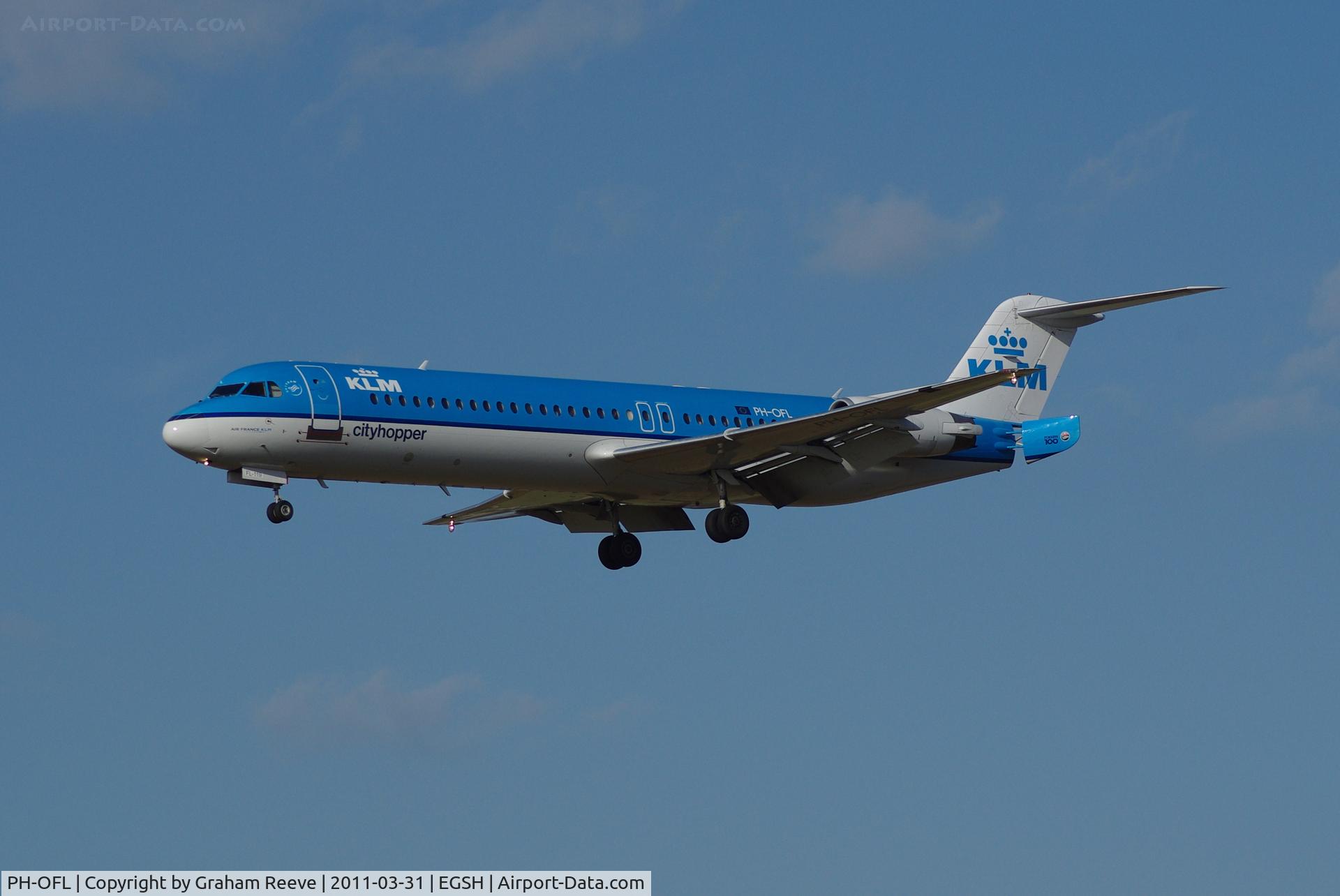 PH-OFL, 1993 Fokker 100 (F-28-0100) C/N 11444, Landing with air brake deployed.