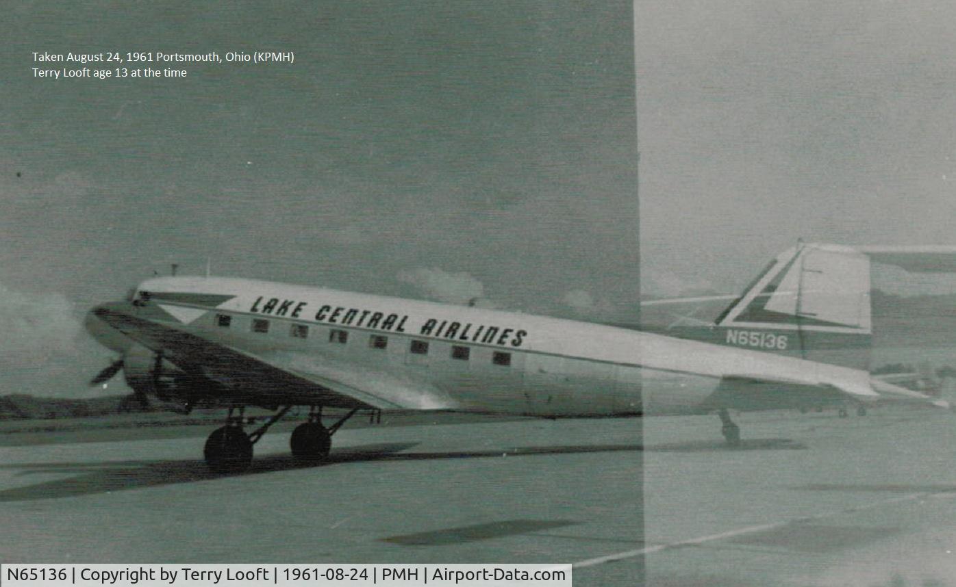 N65136, 1946 Douglas DC3A C/N 19648, I took this picture when I was 13 years old in Portsmouth, Oh the then Scioto County Airport. 
tlooft at earthlink.net