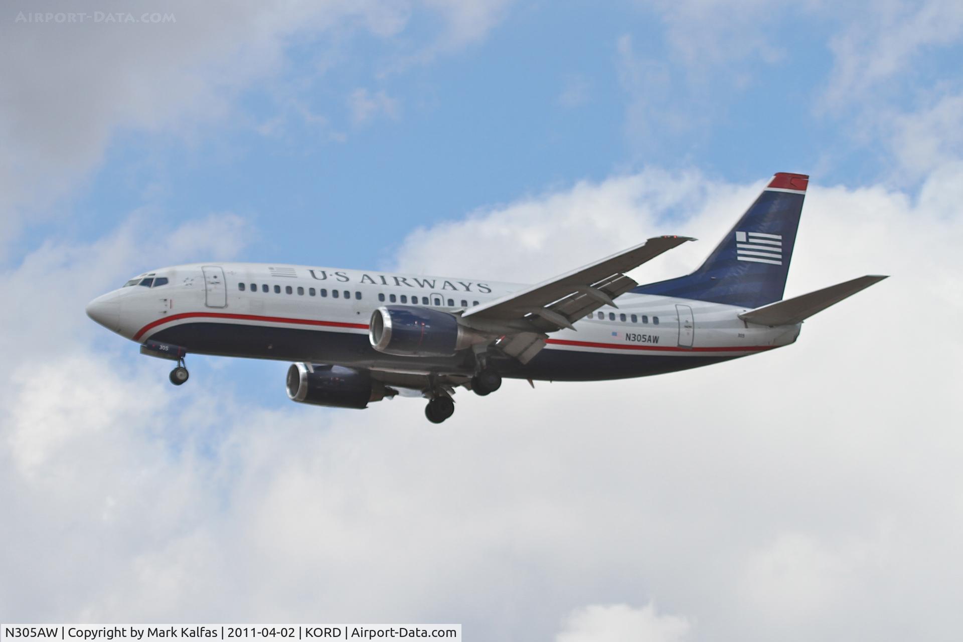 N305AW, 1988 Boeing 737-3G7 C/N 24012, US AIRWAYS Boeing 737-3G7, AWE3 arriving from KPHX, on final RWY 28 KORD.