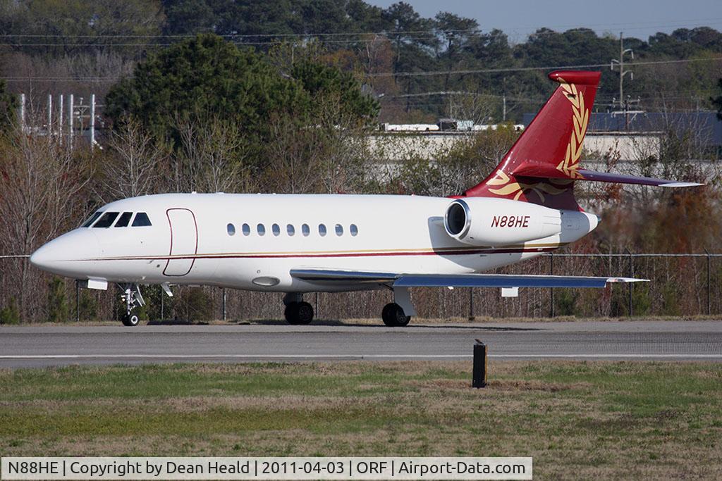 N88HE, 2006 Dassault Falcon 2000EX C/N 79, Caesars Entertainment Operating Company 2006 Dassault Falcon 2000EX N88HE at Taxiway Foxtrot, taking the active RWY 23 for takeoff. Very surprised to see this plane here, as it is based in Las Vegas.