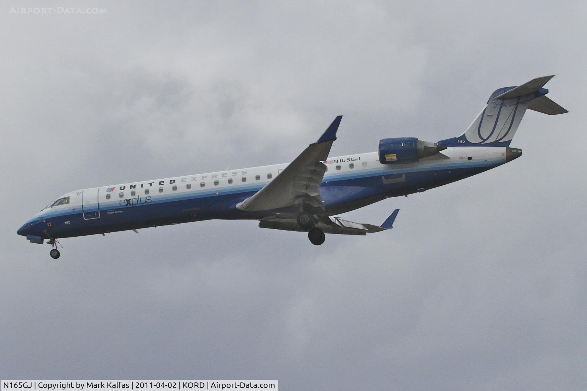 N165GJ, 2006 Bombardier CRJ-700 (CL-600-2C10) Regional Jet C/N 10257, GoJet/United Express Bombardier CL-600-2C10, GJS7405 arriving from KSAT, on approach RWY 28 KORD.