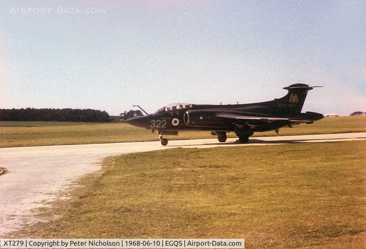 XT279, 1965 Hawker Siddeley Buccaneer S.2 C/N B3-01-65, Buccaneer S.2 of 809 Squadron taxying to the active runway at RNAS Lossiemouth in the Summer of 1968.