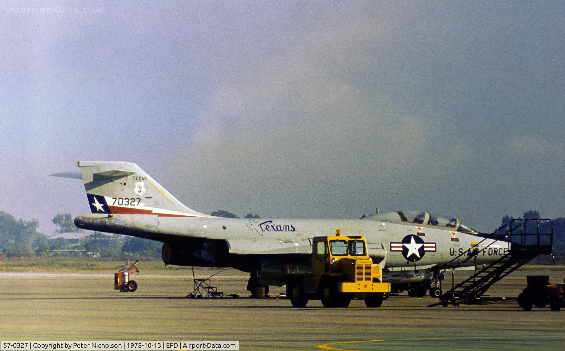 57-0327, 1957 McDonnell F-101F Voodoo C/N 505, F-101F Voodoo of 111th Fighter Interceptor Squadron/147th Fighter Interceptor Group Texas Air National Guard at Ellington AFB in October 1978.