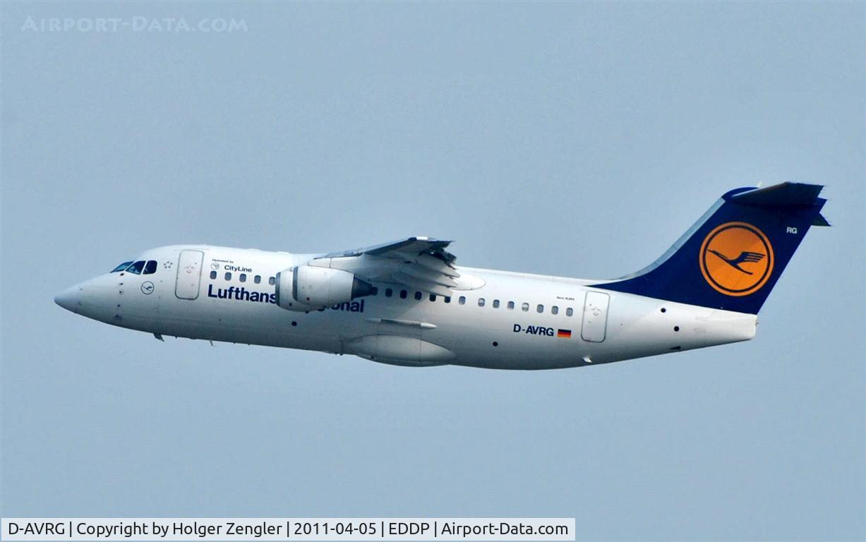 D-AVRG, 1995 British Aerospace Avro 146-RJ85 C/N E.2266, Shortly after take off on two six right.
