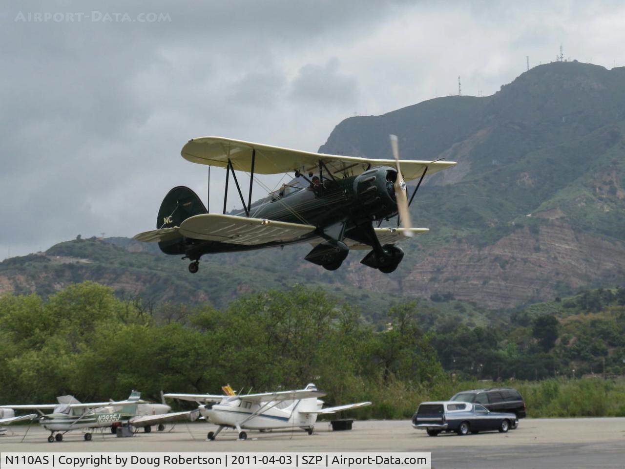 N110AS, 2005 Waco YMF-F5C C/N F5C110, 2005 WACO Classic Aircraft YMF-F5C, Jacobs R755B 275 Hp, takeoff climb Rwy 22