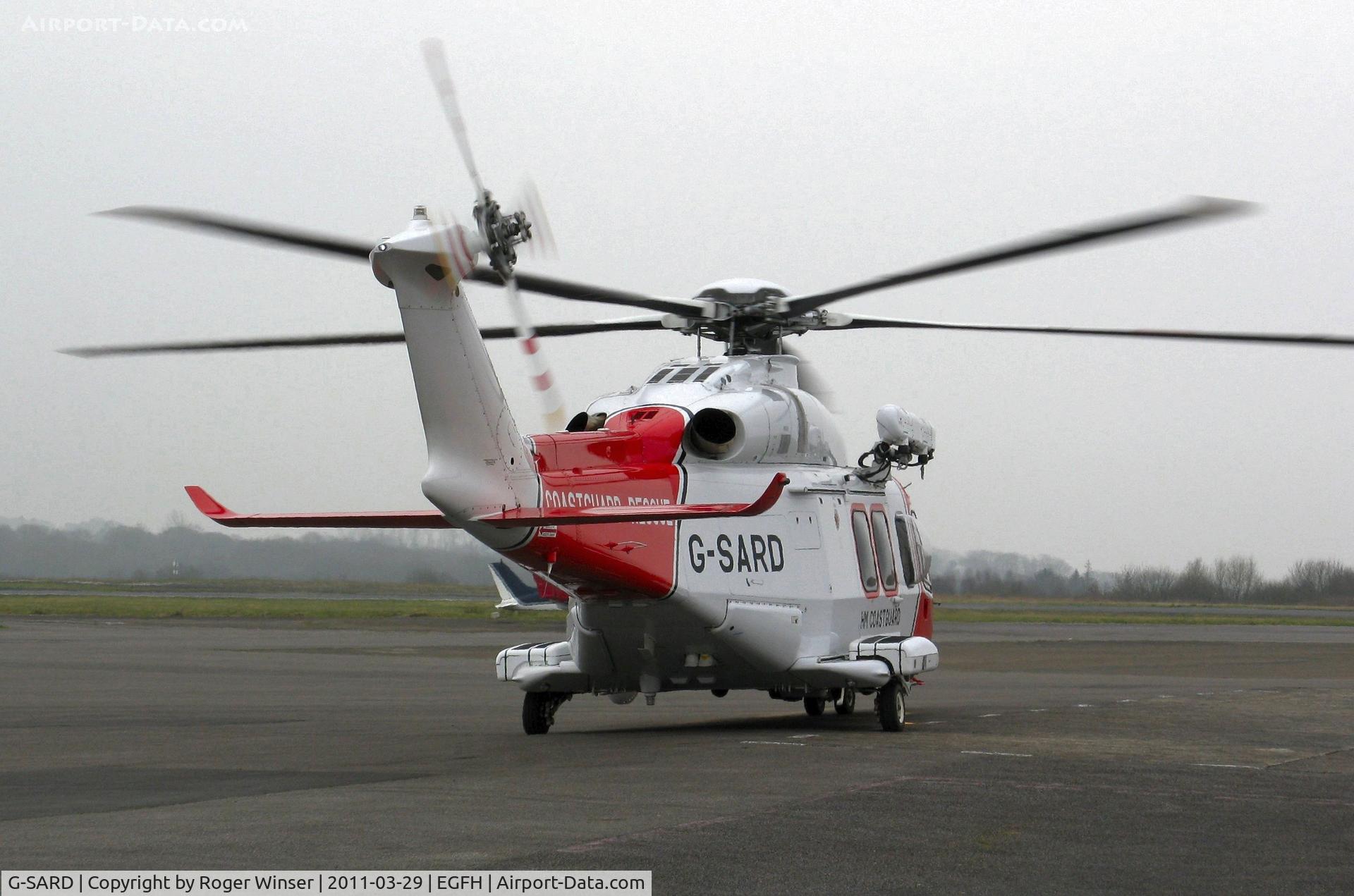 G-SARD, 2007 AgustaWestland AW-139 C/N 31208, HM Coastguard Rescue helicopter departing for Lee-on-Solent