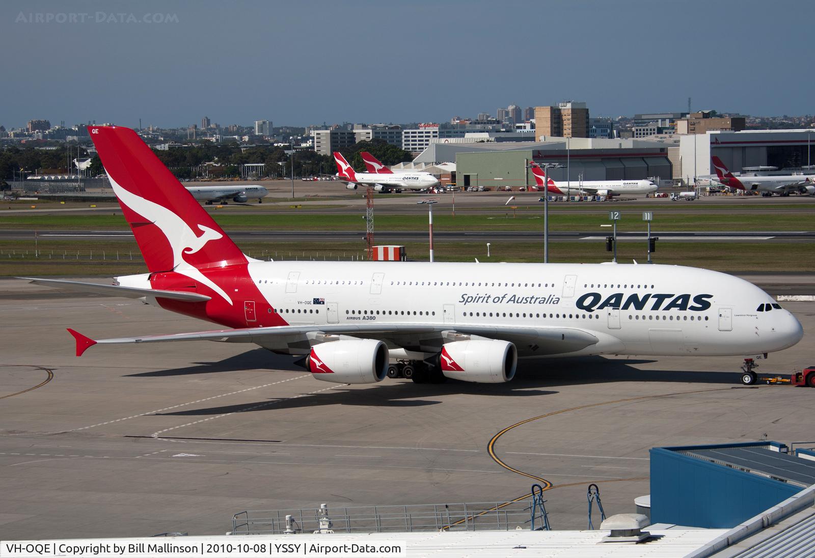 VH-OQE, 2009 Airbus A380-842 C/N 027, pushback for 34R departure to LAX