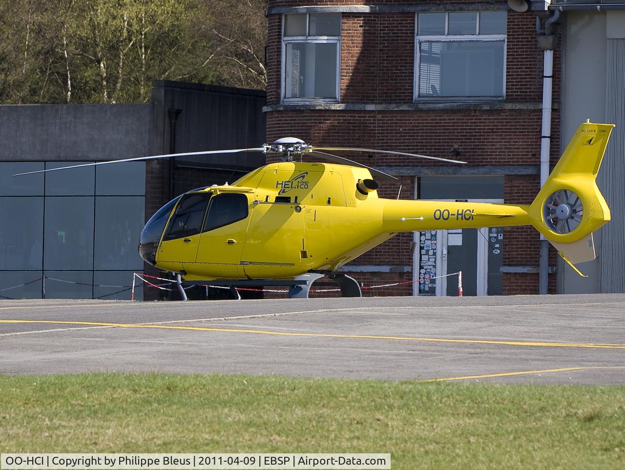 OO-HCI, 2008 Eurocopter EC-120B Colibri C/N 1581, Local colibri parked in front of the hangar. Going to be joined the same day by two twin colibri copters : D-HKLE and PH-LPH (check them) : nice trio ! Destroyed in a accident on Oct 18 2011 during pipeline inspection.
