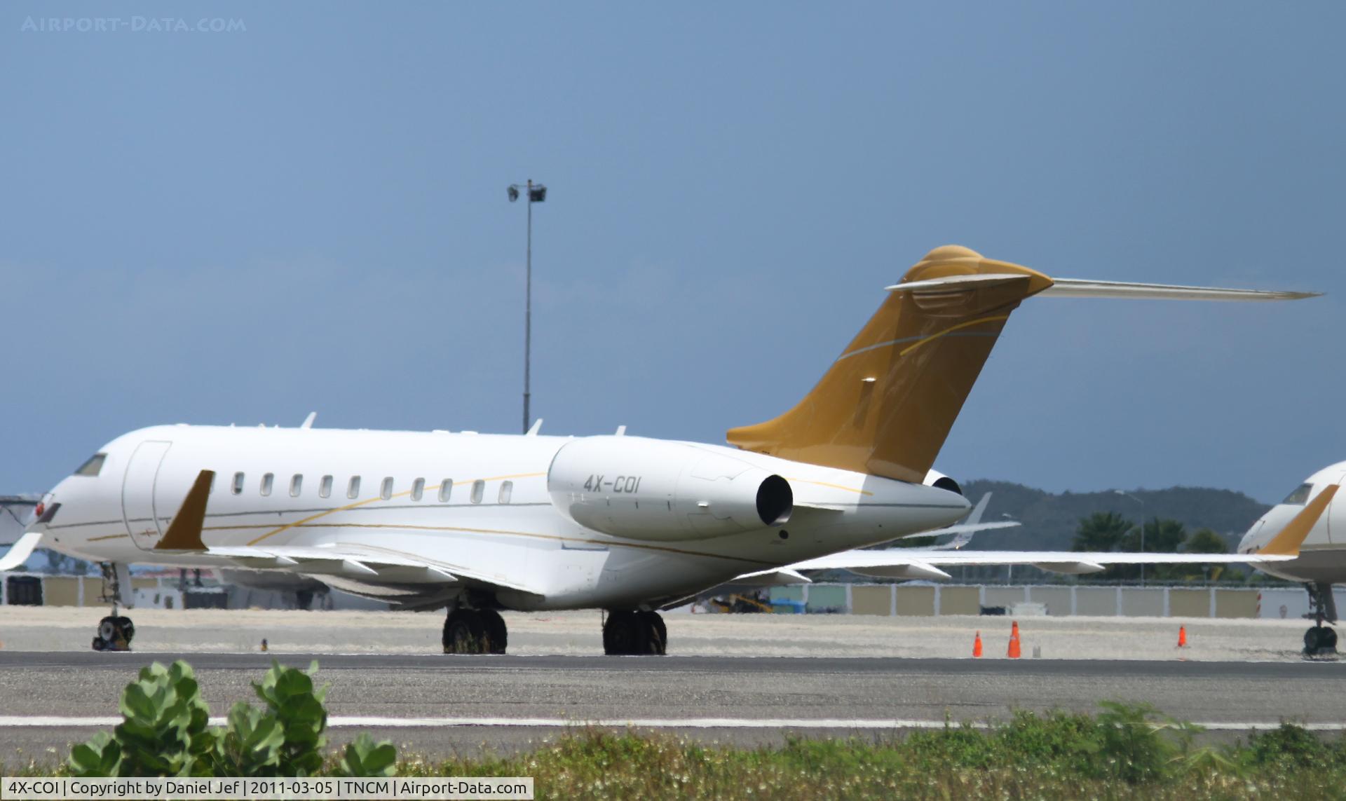 4X-COI, 2002 Bombardier BD-700-1A11 Global 5000 C/N 9130, 4X-COI park on the ramp at TNCM