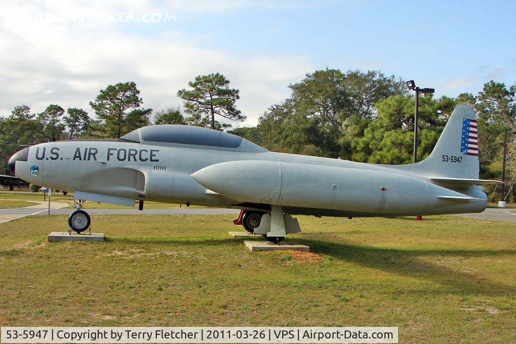 53-5947, 1953 Lockheed T-33A-1-LO Shooting Star C/N 580-9423, On display at the Air Force Armament Museum at Eglin Air Force Base , Fort Walton , Florida