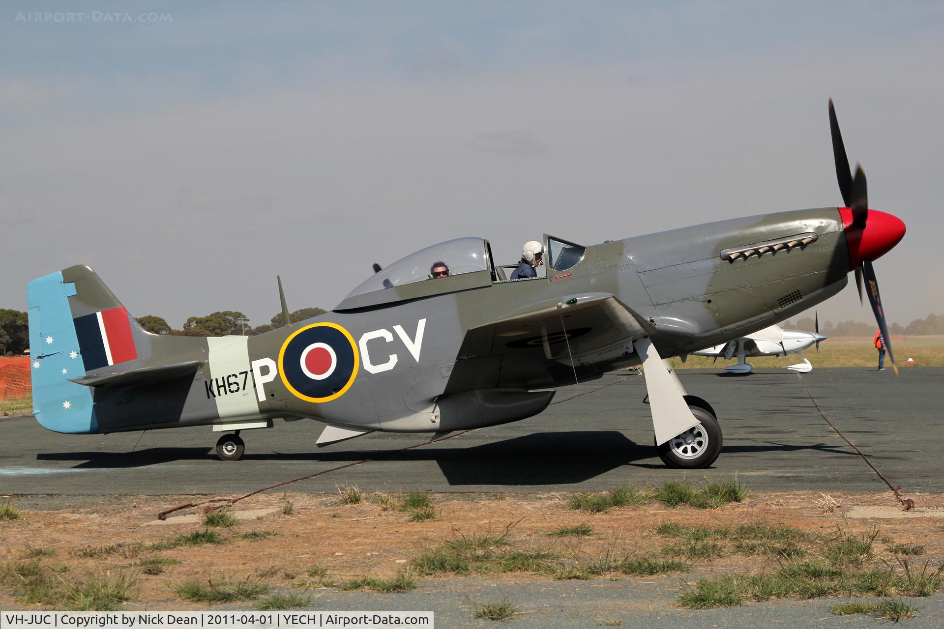 VH-JUC, 1947 Commonwealth CA-18 Mustang 21 C/N 1430, YECH AAAA National fly in 2011, c/n 1430 and not as posted by the CASA website A68-105 which is the RAAF reg number. Owner Judy Pay at the controls.