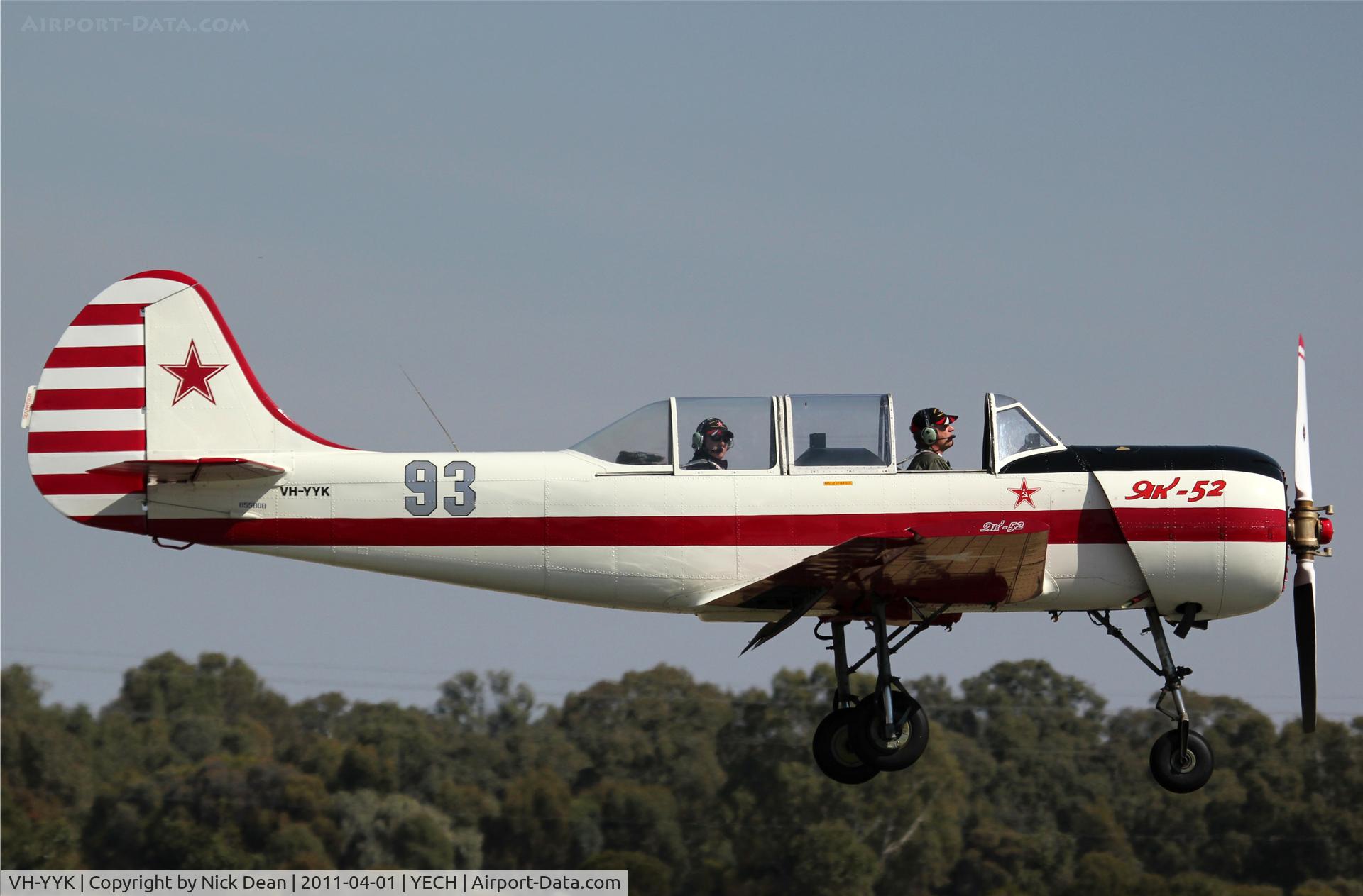 VH-YYK, 1986 Yakovlev Yak-52 C/N 855808, YECH AAAA National fly in 2011