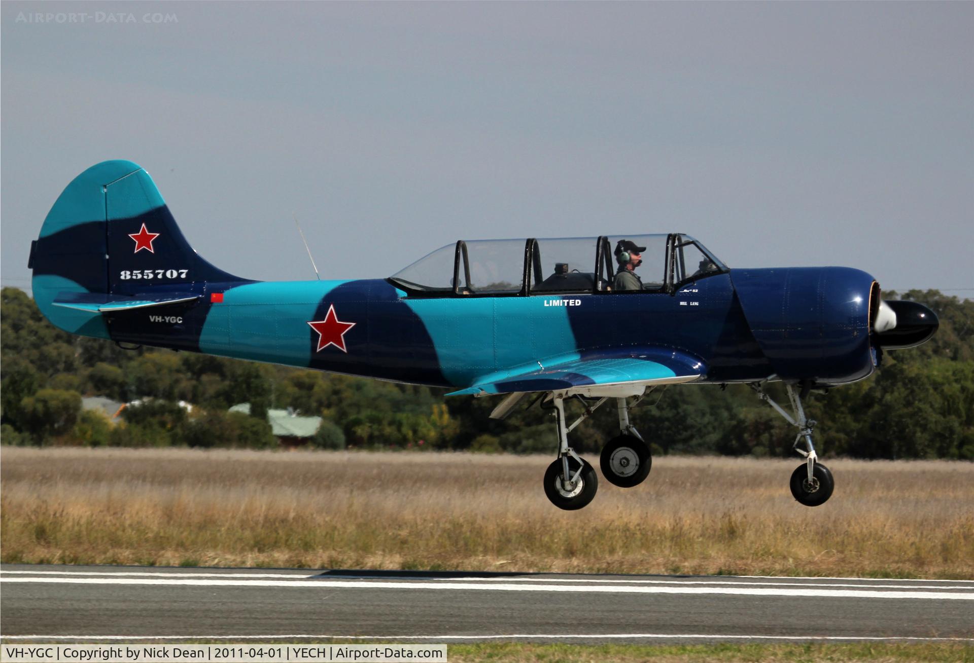 VH-YGC, 1985 Yakovlev Yak-52 C/N 855707, YECH AAAA national fly in 2011