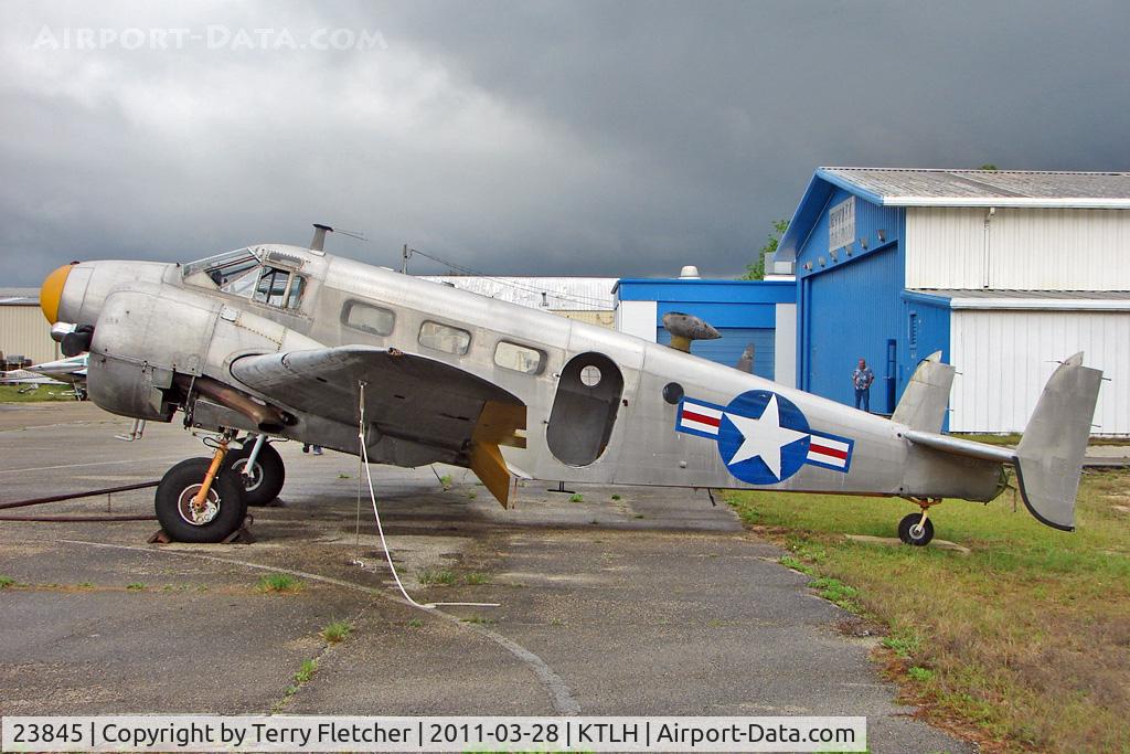 23845, Beech UC-45J Expeditor C/N 23845, No markings but identified by Robert Parmerter
as ex Bu23845 Donated to Leon County School Board,  
Tallahasse, FL reg’d 2Jul69 as N2672