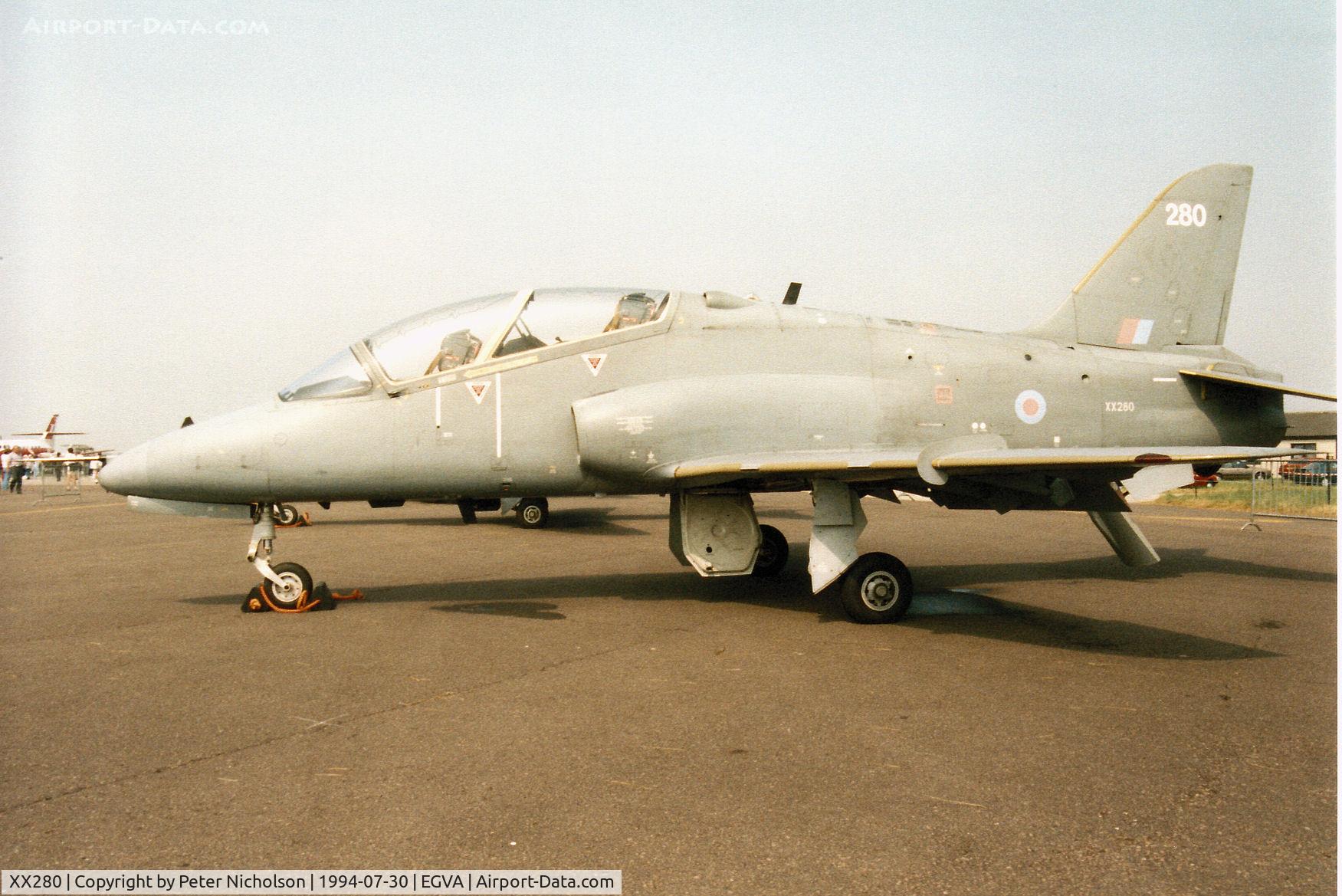 XX280, 1979 Hawker Siddeley Hawk T.1A C/N 105/312105, Hawk T.1A, callsign Skylark 2, of 6 Flying Training School on display at the 1994 Intnl Air Tattoo at RAF Fairford.