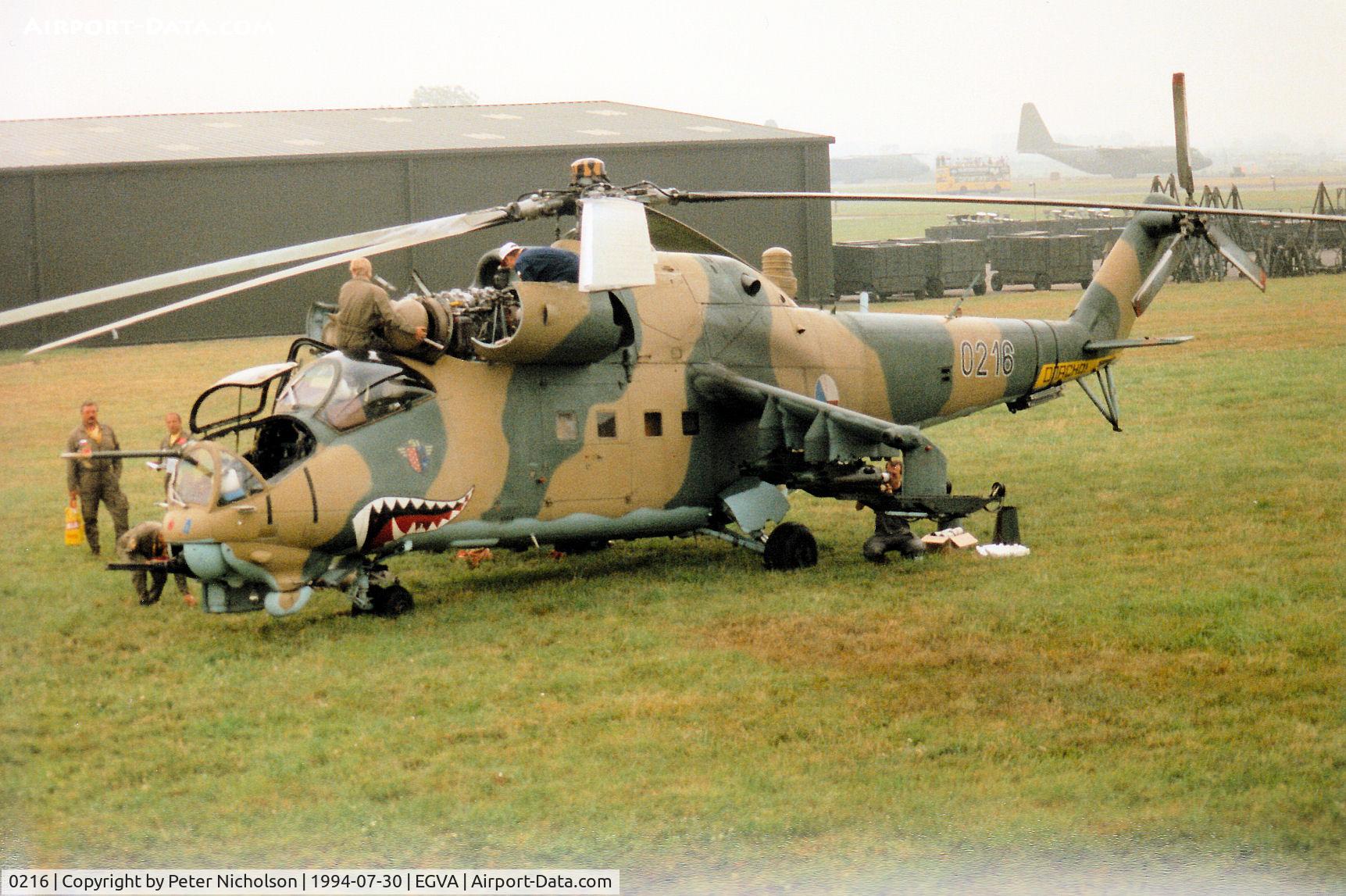 0216, Mil Mi-24D Hind D C/N 340216, Mil-24D Hind helicopter gunship of the Czech Air Force on display at the 1994 International Air Tattoo at RAF Fairford.