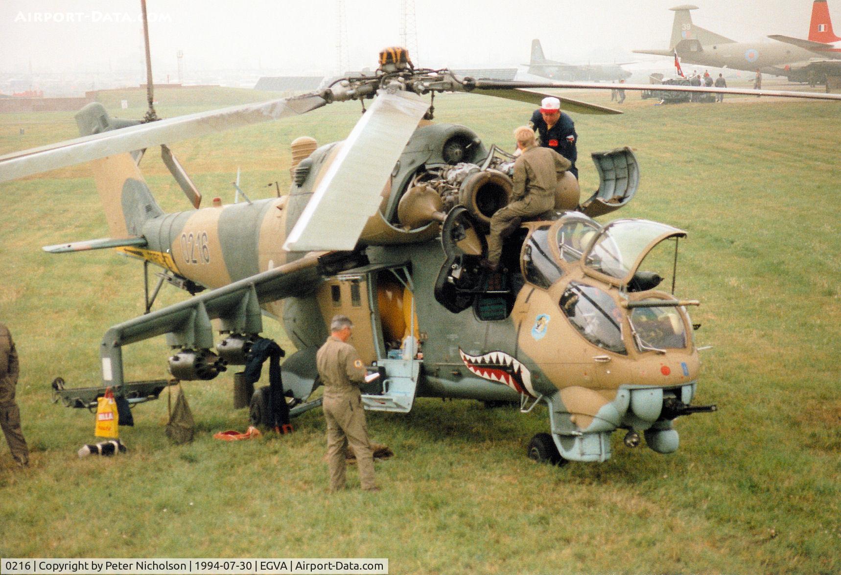 0216, Mil Mi-24D Hind D C/N 340216, Another view of the Czech Air Force Hind helicopter gunship on display at the 1994 Intl Air Tattoo at RAF Fairford.