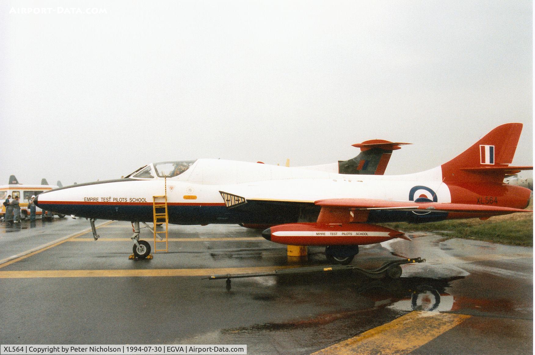 XL564, 1957 Hawker Hunter T.7 C/N 41H-693715, Hunter T.7, callsign Gauntlet Red 3, from Boscombe Down on display at the 1994 Intnl Air Tattoo at RAF Fairford.