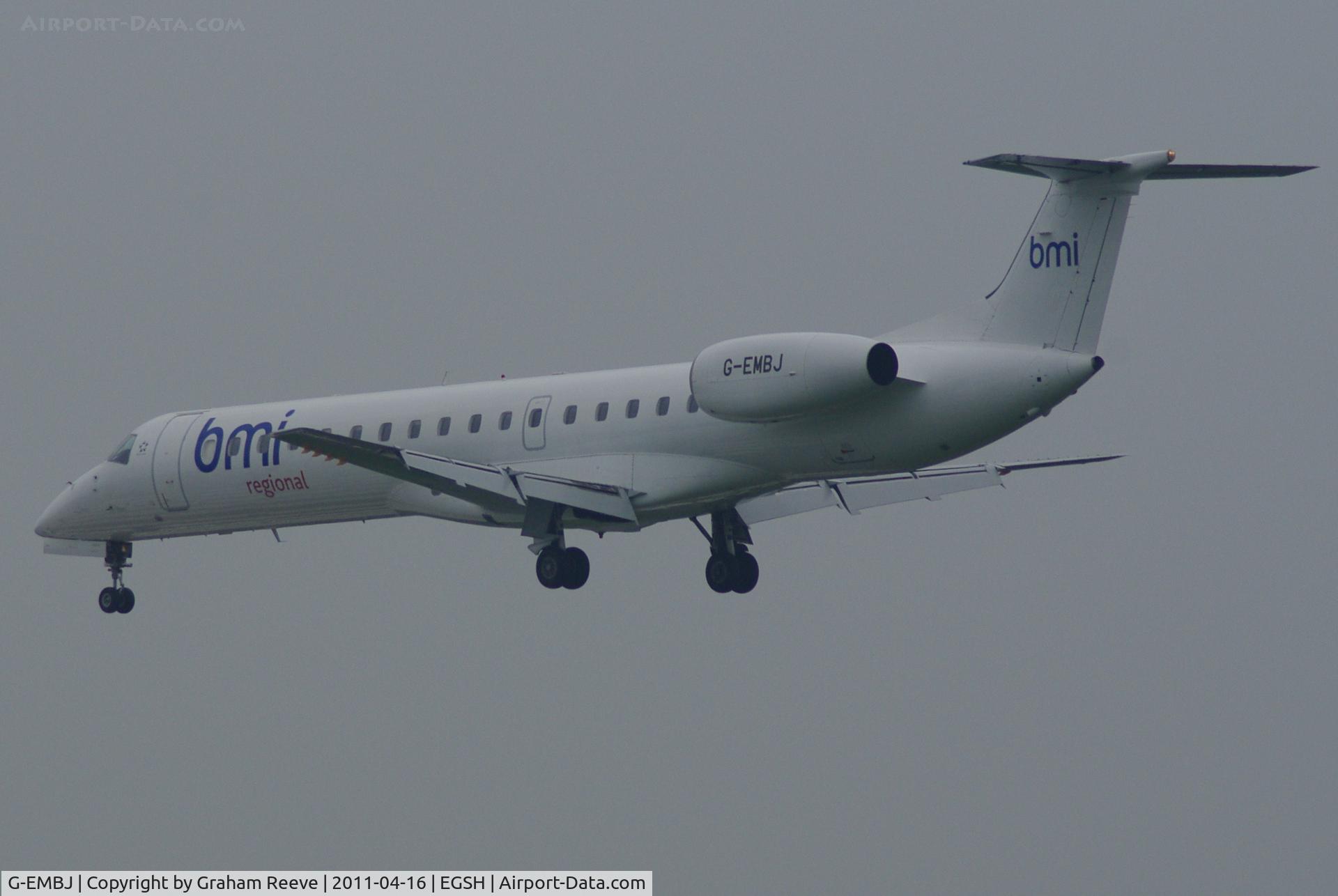 G-EMBJ, 1999 Embraer ERJ-145EU (EMB-145EU) C/N 145134, Landing at Norwich.