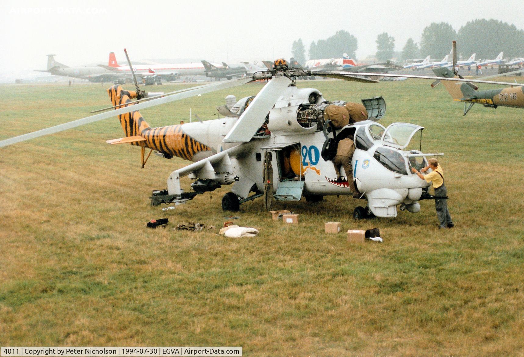 4011, Mil Mi-24V Hind E C/N 344011, Mi-24V Hind helicopter gunship of the Czech Air Force at the 1994 Intnl Air Tattoo at RAF Fairford.