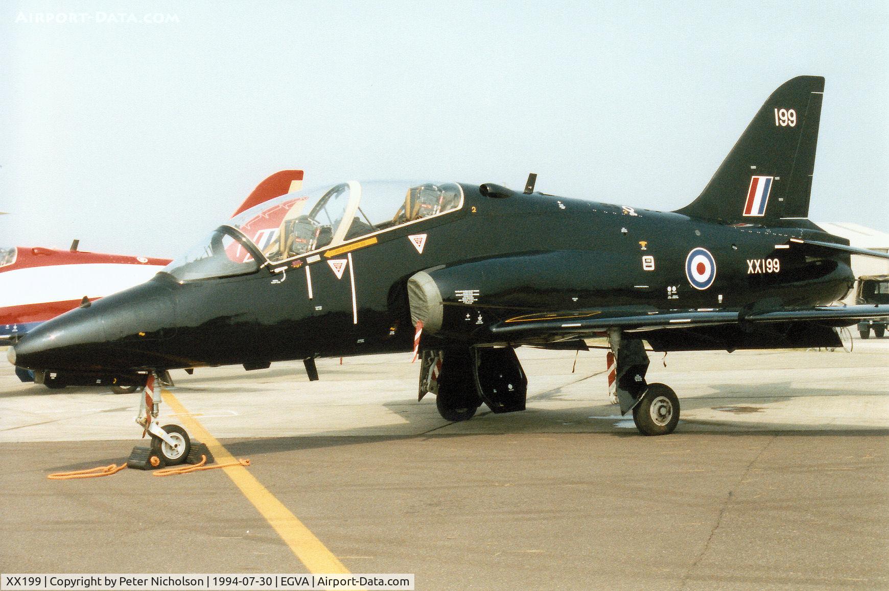 XX199, 1978 Hawker Siddeley Hawk T.1A C/N 046/312046, Hawk T.1A, callsign Tiger, of 74[Reserve] Squadron on display at the 1994 Intnl Air Tattoo at RAF Fairford.
