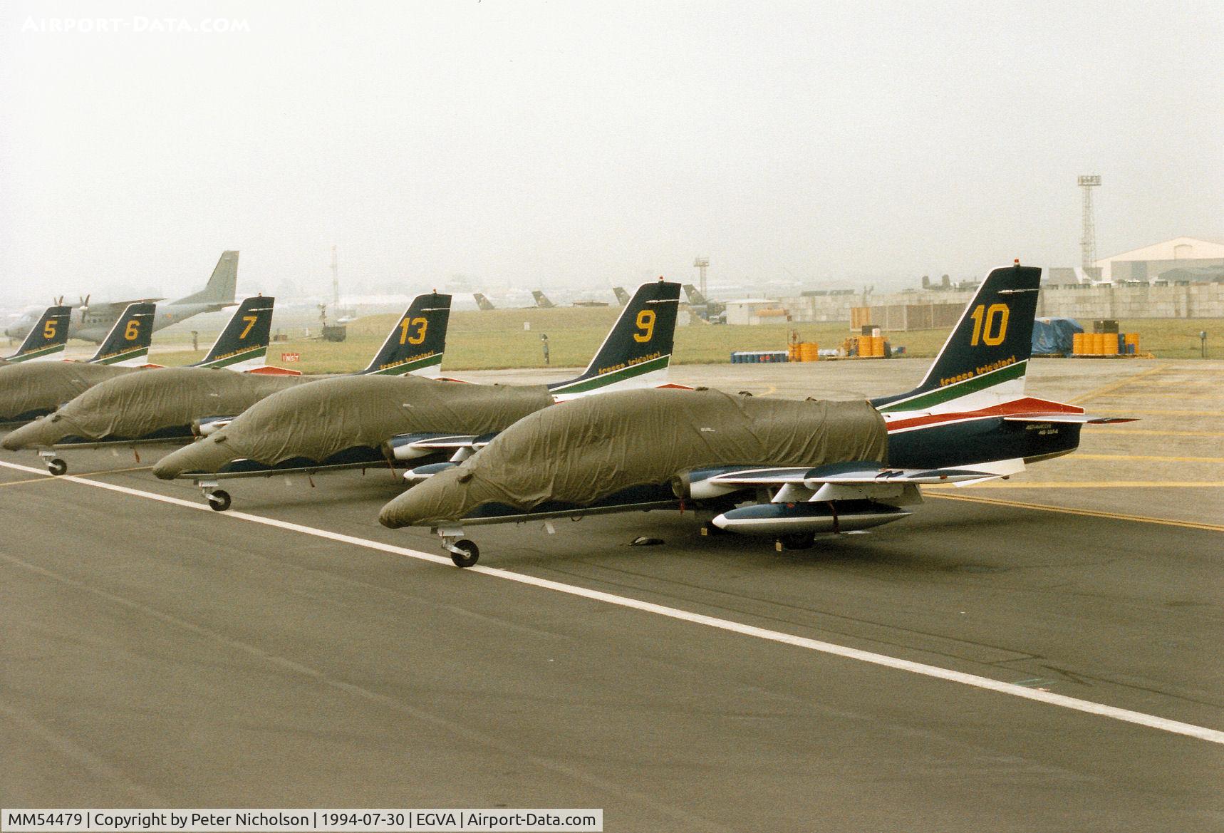 MM54479, Aermacchi MB-339PAN C/N 6674/069/AD008, MB-339PAN of the Frecce Tricolori Italian Air Force aerobatic team on the flight-line at the 1994 Intnl Air Tattoo at RAF Fairford.