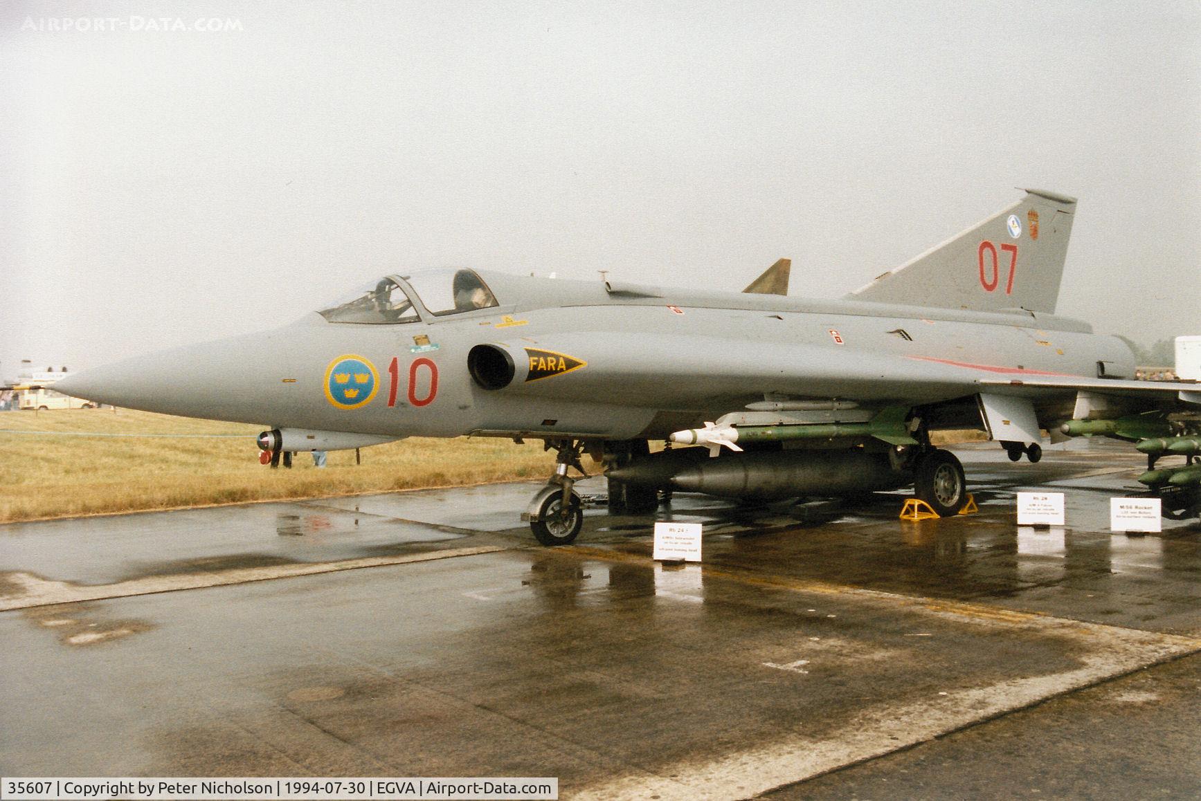 35607, Saab J-35F Draken C/N 35-607, J-35F Draken of F10 Wing of the Royal Swedish Air Force on display at the 1994 Intnl Air Tattoo at RAF Fairford.