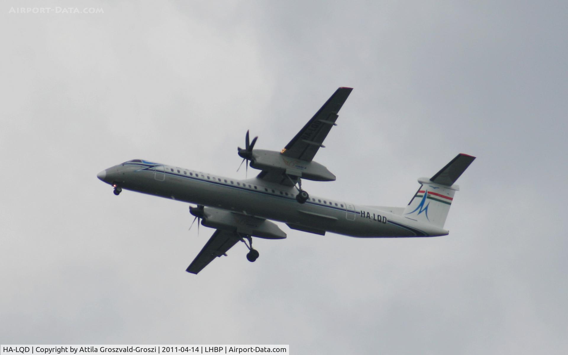 HA-LQD, 2002 De Havilland Canada DHC-8-402Q Dash 8 C/N 4063, Getting off direction Budapest Ferihegy onto an International Airport, in Üllö city airspace. They flew with painting like this with 65 years early Malév airplanes. And now a machine may carry this retro painting again.