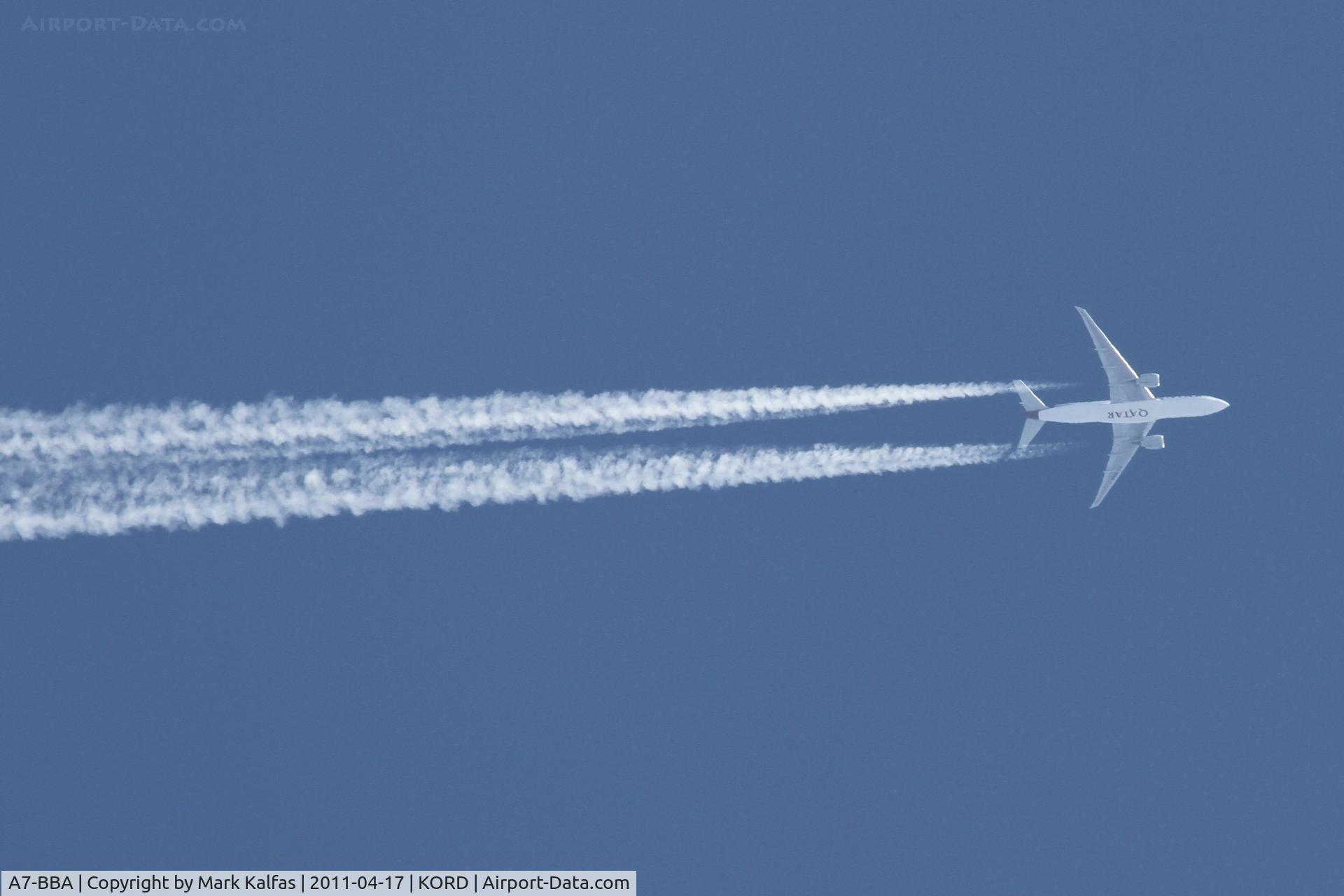 A7-BBA, 2009 Boeing 777-2DZ/LR C/N 36012, Qatar Airways Boeing 777-2DZLR, QTR77 enroute from OTBD (Doha Int'l) to KIAH (Houston Bush Int'ctl), overflying O'Hare Intl. on a 207 heading at FL 360.
