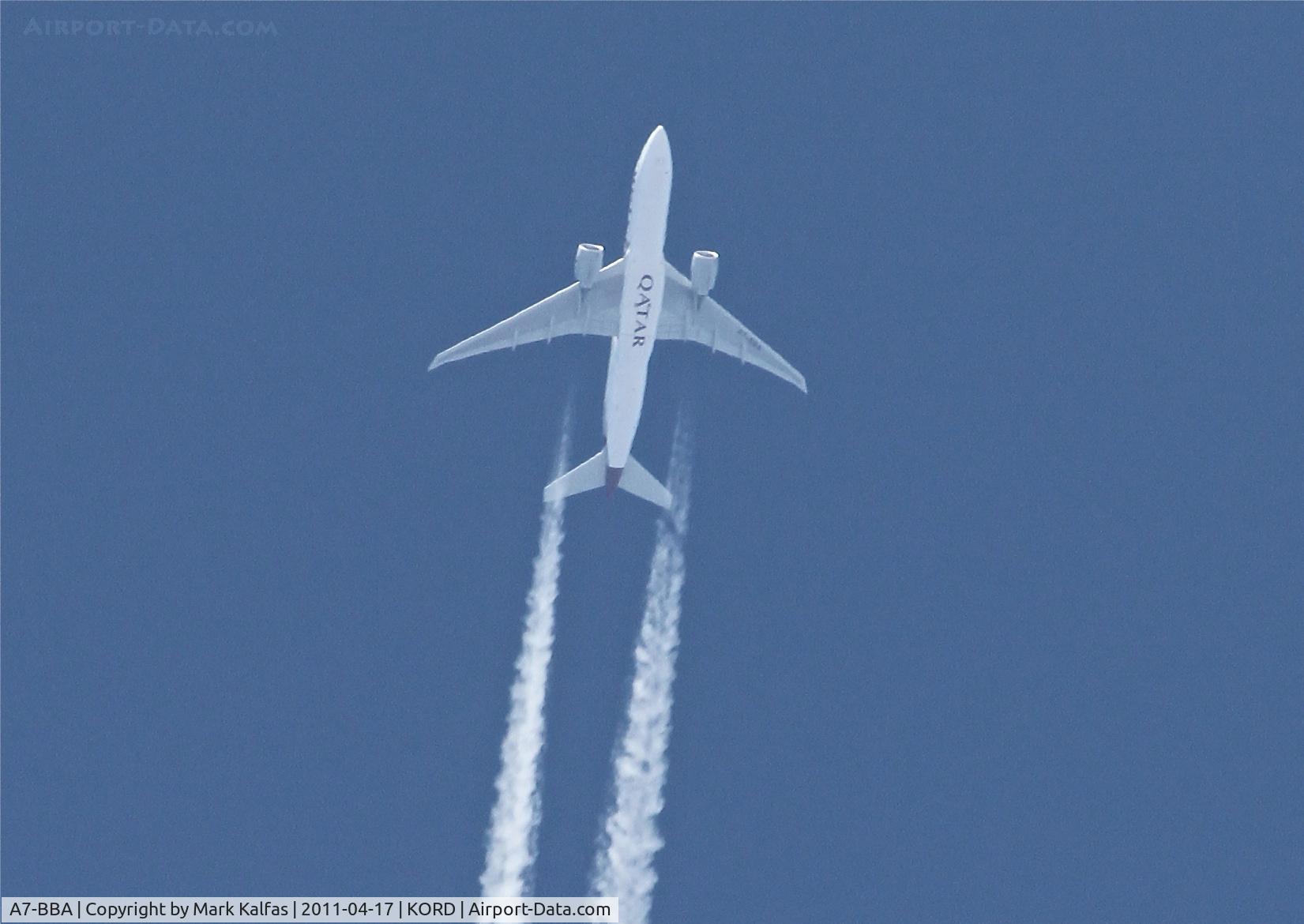 A7-BBA, 2009 Boeing 777-2DZ/LR C/N 36012, Qatar Airways Boeing 777-2DZLR, QTR77 enroute from OTBD (Doha Int'l) to KIAH (Houston Bush Int'ctl), overflying O'Hare Intl. on a 207 heading at FL 360.