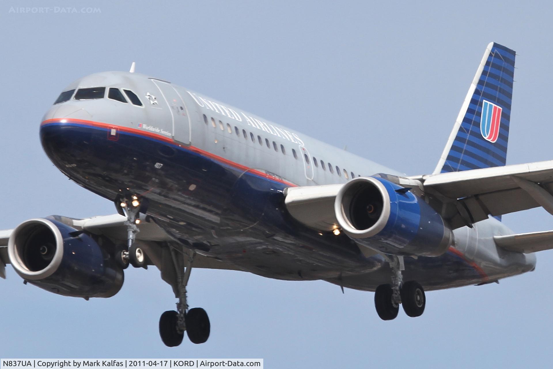 N837UA, 2001 Airbus A319-131 C/N 1474, United Airlines Airbus A319-131, UAL446 arriving from KMCI, RWY 28 approach KORD.
