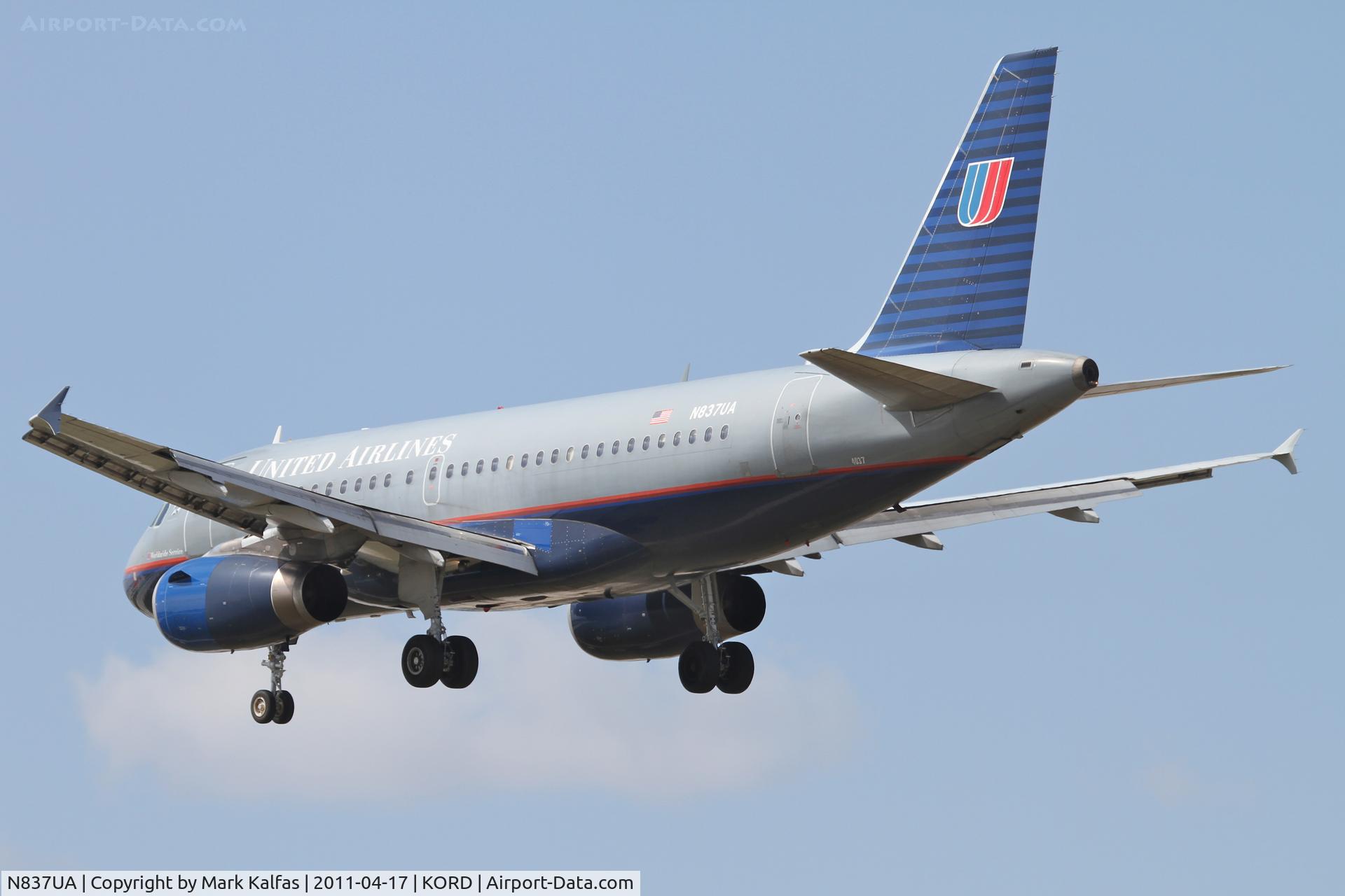 N837UA, 2001 Airbus A319-131 C/N 1474, United Airlines Airbus A319-131, UAL446 arriving from KMCI, RWY 28 approach KORD.