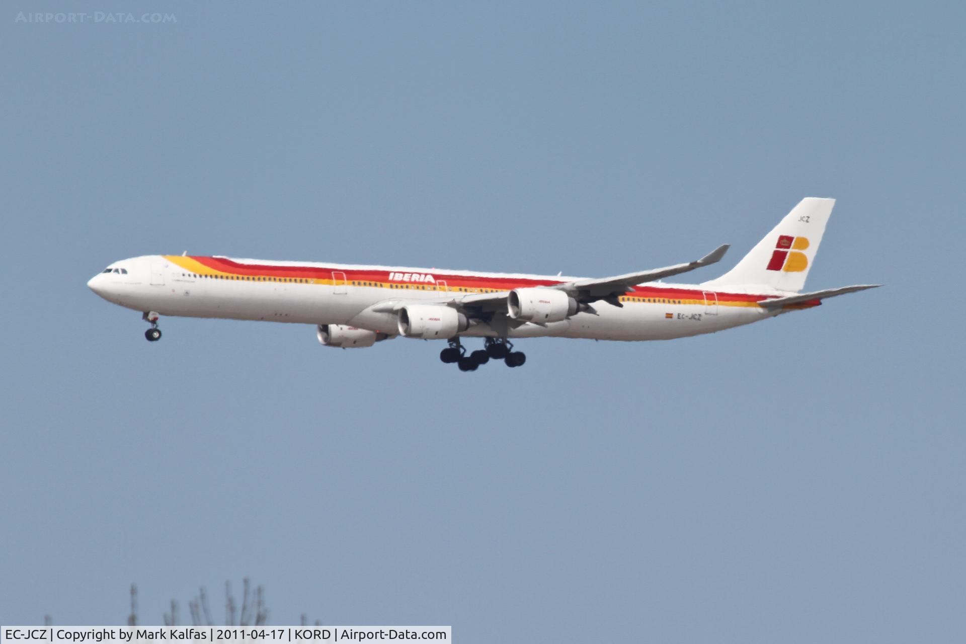 EC-JCZ, 2005 Airbus A340-642 C/N 619, Iberia Airbus A340-642, IBE6275 arriving from LEMD (Barajas Int'l - Madrid), 27L approach KORD.
