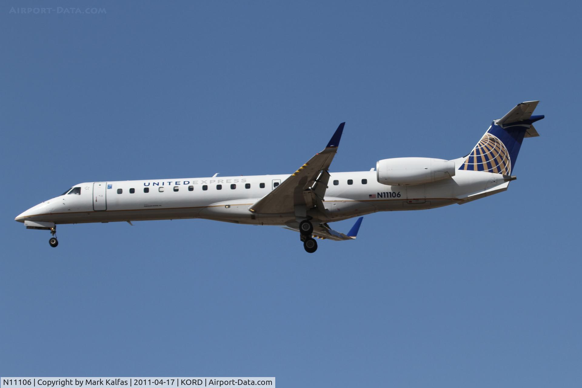 N11106, 2002 Embraer ERJ-145XR (EMB-145XR) C/N 145650, ExpressJet/United Express Embraer EMB-145XR, BTA5911 arriving from KPIA, RWY 28 KORD.