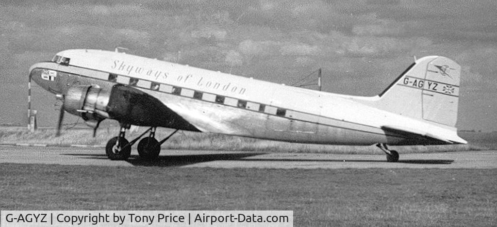 G-AGYZ, 1943 Douglas C-47 Dakota 3 C/N 12278, DC3 of Skyways at Lympne Airport, Kent, UK in 1961.
( ex USAF 42-108843, RAF FZ681 ) Became ET-AGQ in 1970.s,
damaged beyond repair Ethiopia 1978.