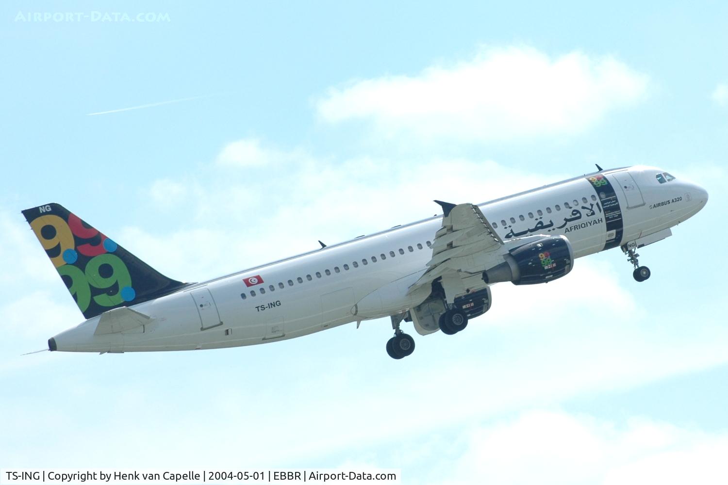 TS-ING, 1990 Airbus A320-211 C/N 140, Afriqiyah Airways A320 taking off from Brussels airport.. The aircraft was actually operated by Nouvelair Tunisie.