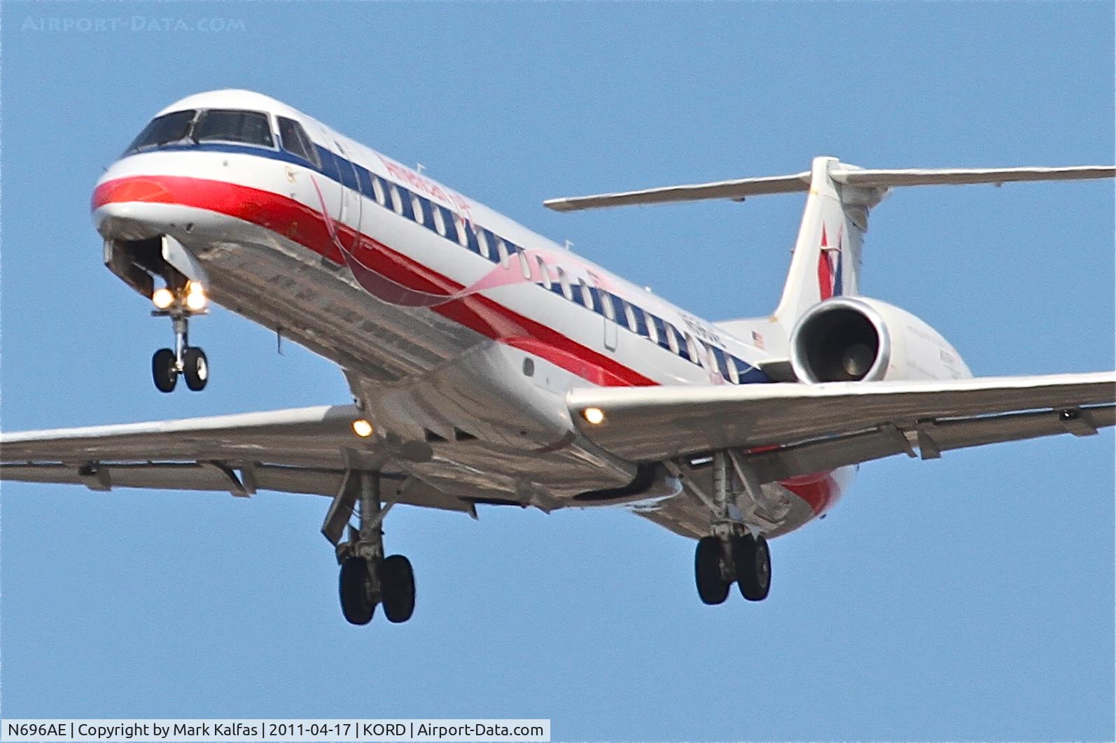 N696AE, 2004 Embraer ERJ-145LR (EMB-145LR) C/N 14500874, American Eagle Embraer EMB-145LR, EGF4173 arriving from KICT, RWY 28 approach KORD.