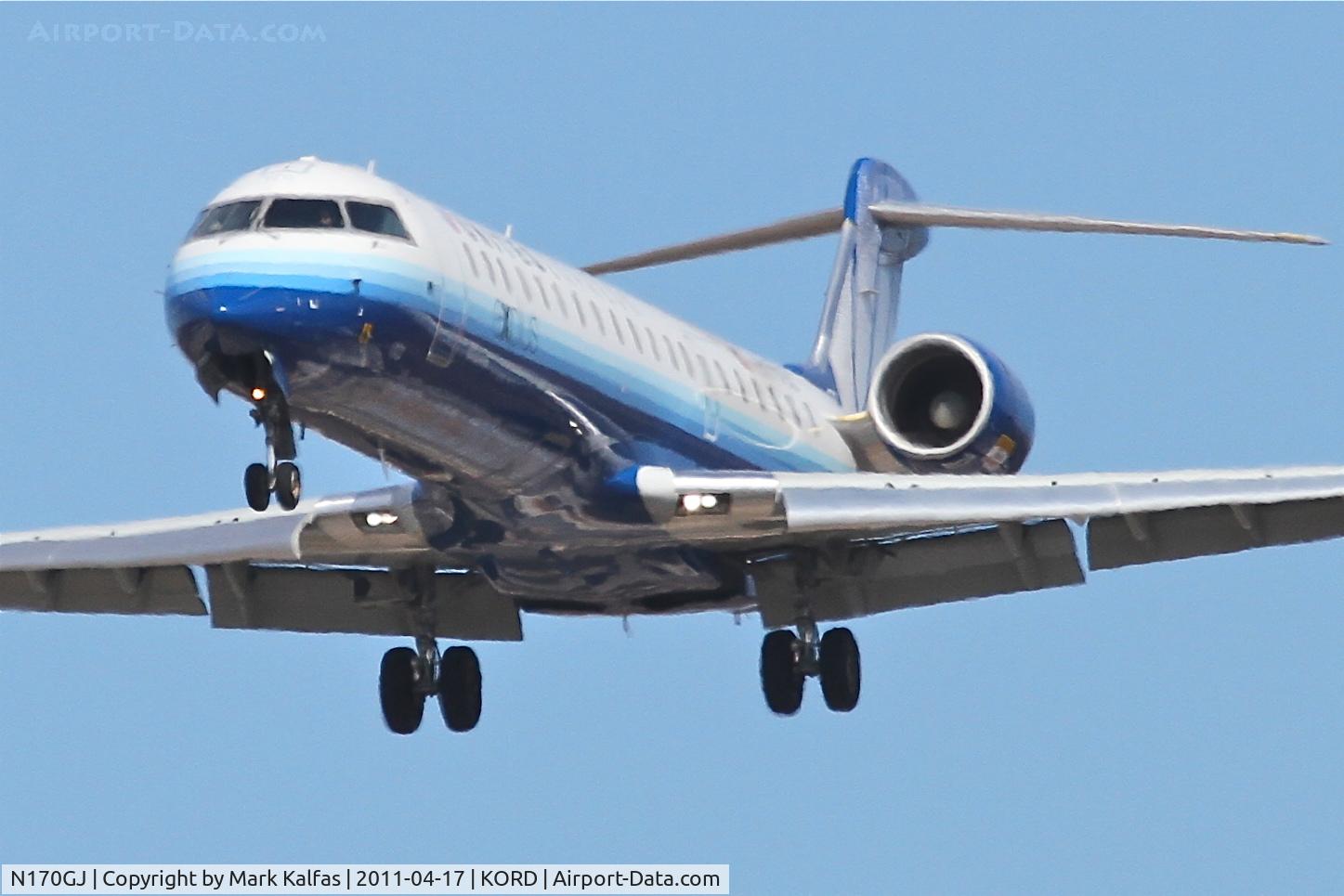 N170GJ, Bombardier CRJ-702ER NG (CL-600-2C10) Regional Jet C/N 10280, GoJet Airlines/United Express Bombardier CL-600-2C10, GJS7430 arriving from KBNA, RWY 28 KORD.