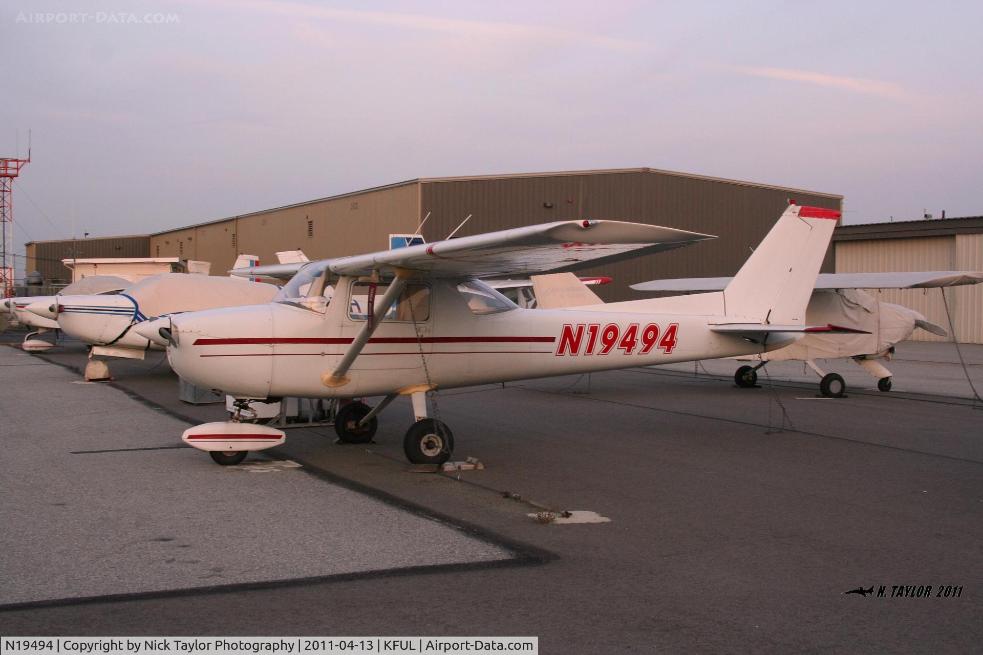 N19494, 1973 Cessna 150L C/N 15074449, Sitting on the North side tie downs. I guess one wheel pant is better than none.