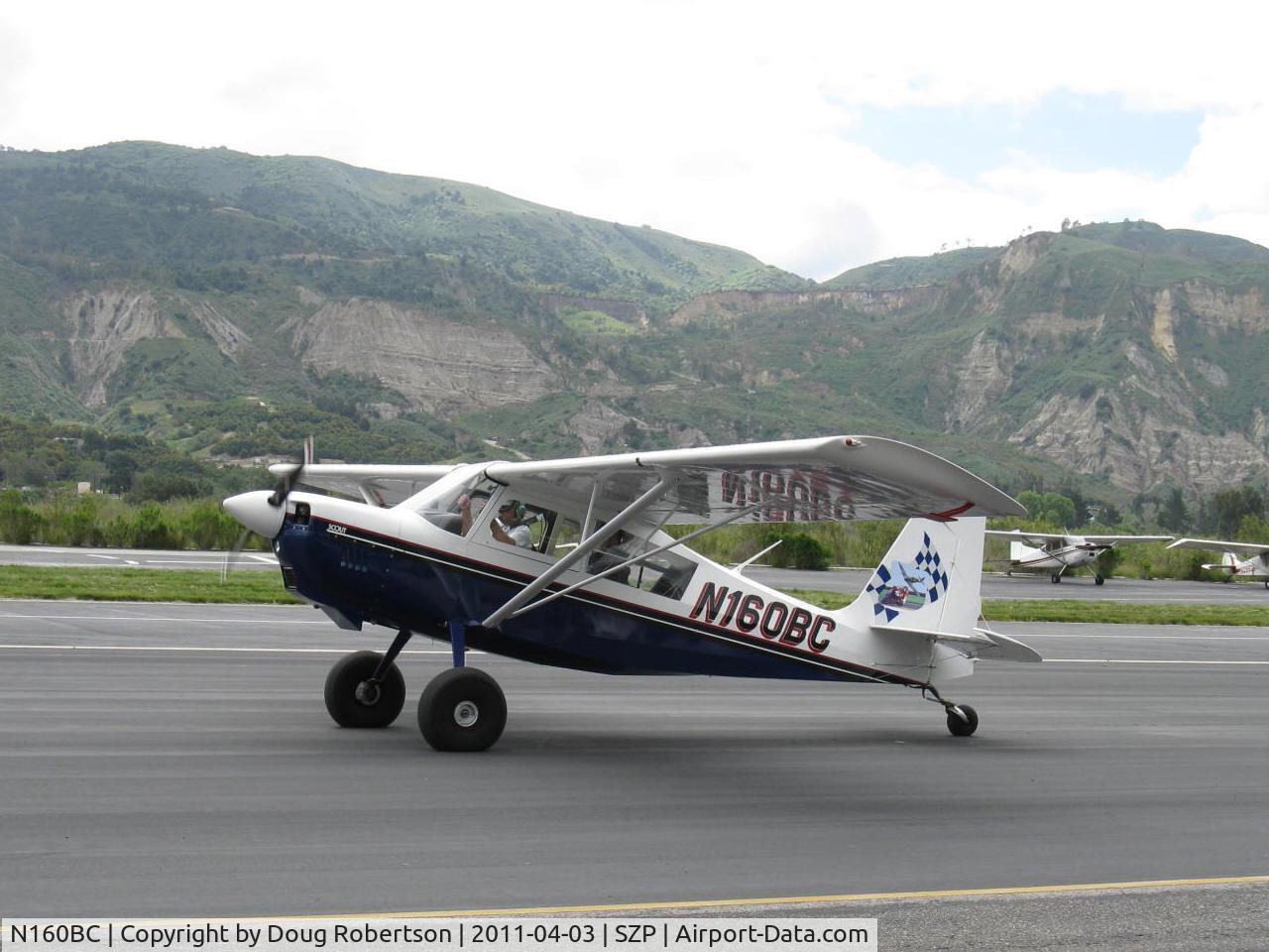 N160BC, 2004 American Champion 8GCBC Scout C/N 457-2004, 2004 American Champion 8GCBC SCOUT, Lycoming O&VO-360 180 Hp, spades, Micro vortex generators, tundra tires, taxi to Rwy 22