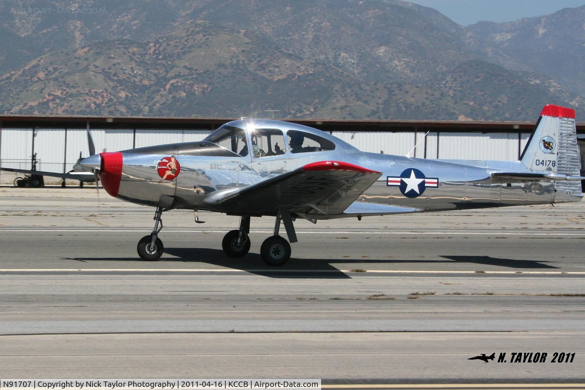N91707, 1947 North American Navion (NA-145) C/N NAV-4-178, Beautifully polished Navion taking off 24 at Cable